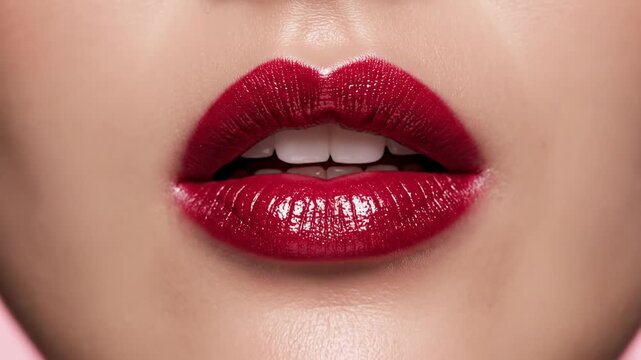 A young female shows her perfect grin while wearing a vibrant deep wine colored lipstick shade that highlights her face which helps emphasize the beauty of her healthy teeth and facial skin