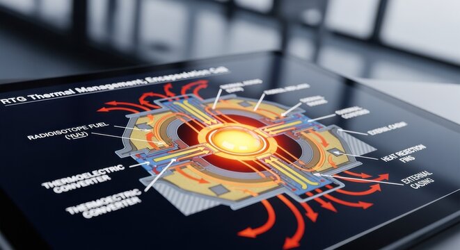 Engineering diagram highlighting the thermal management system within a radioisotope thermoelectric generator heatsource encapsulation cell.