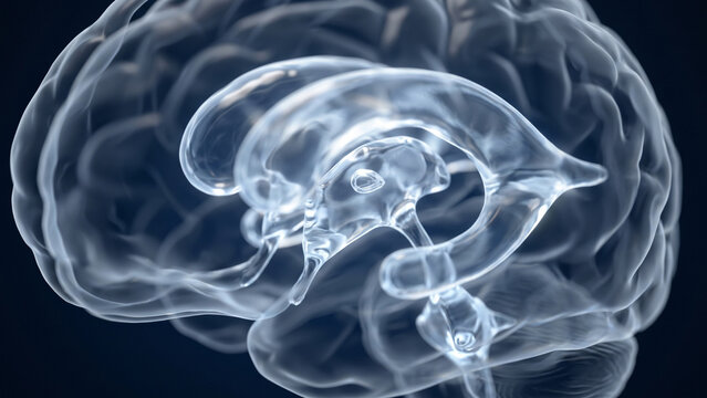 3D medical illustration of the ventricular system of the human brain showing cerebrospinal fluid (CSF) cavities