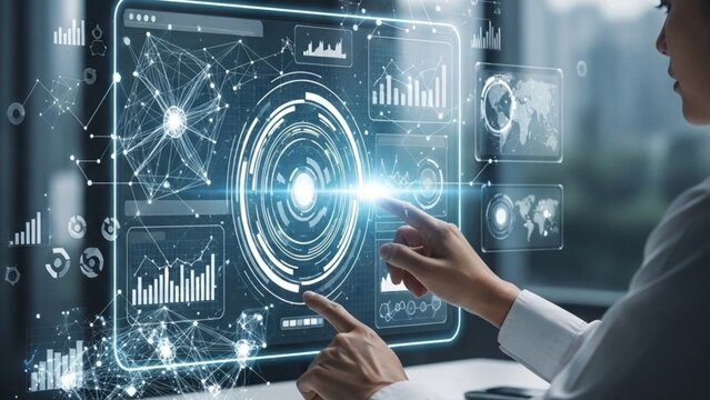 Machine Learning system interface with businesswoman touching futuristic digital dashboard presenting data analytics, network connection, and artificial intelligence technology concept.