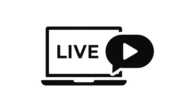 Black vector icon of a laptop screen displaying a live broadcast text with a video play button speech bubble.