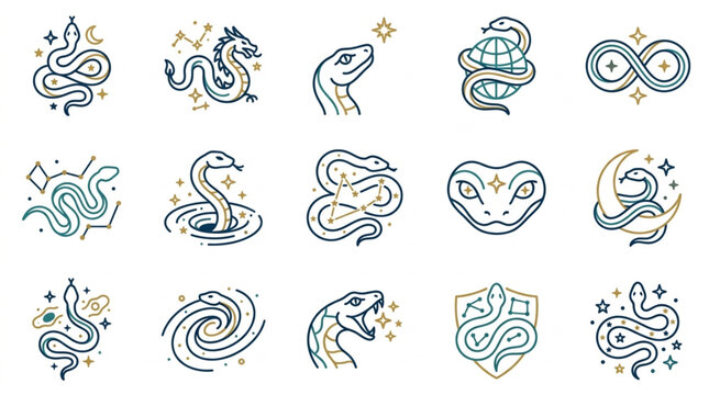 Collection of intricate snake and mystical symbol illustrations.