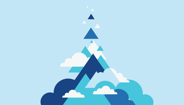 Modern abstract geometric mountain peaks composed of stacked blue and white triangles rising above soft fluffy clouds.