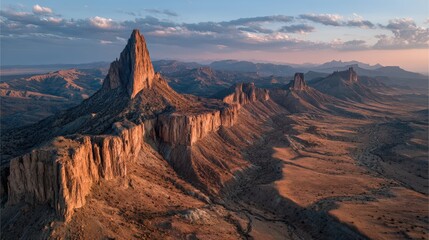Naklejka premium Majestic Desert Cliffs and Spires Illuminated by Golden Sunset Light