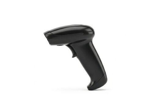 Modern black handheld barcode scanner isolated on white background