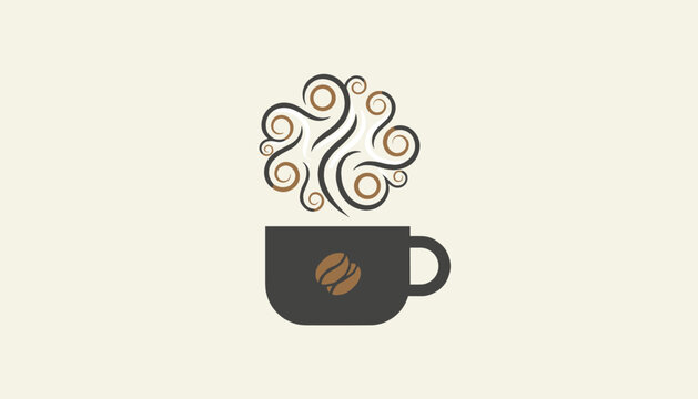 Dark coffee cup icon featuring coffee bean logo and elegant abstract swirl steam rising above on beige background.