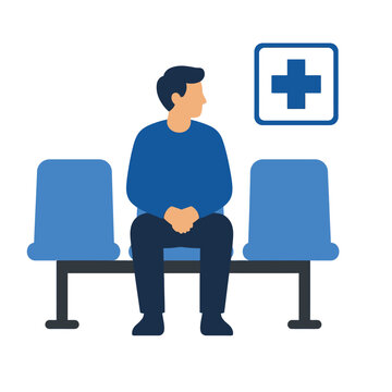 Man sitting in waiting room next to empty chairs, medical cross icon on wall, anticipation, healthcare