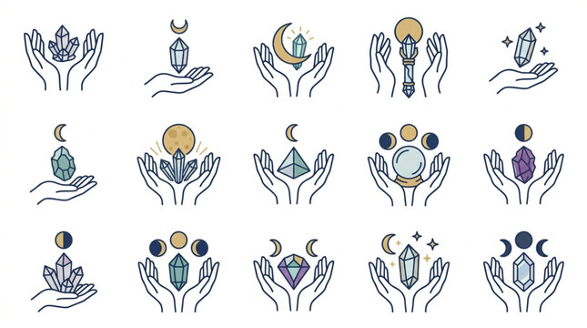 Collection of hands holding mystical and celestial symbols.