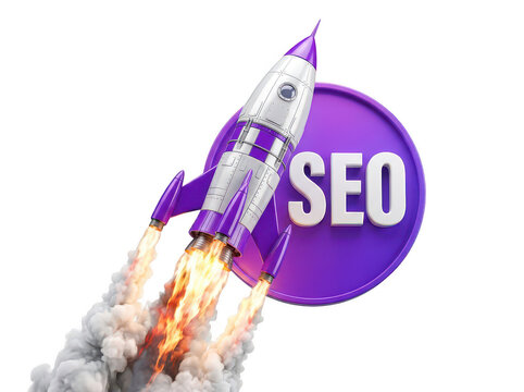 SEO rocket launch concept. Digital marketing growth and search engine optimization strategy.