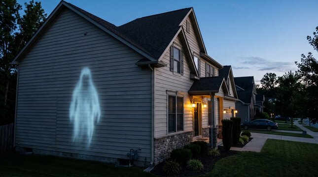 Translucent ghost figure image projected onto the exterior wall of a suburban house at dusk with warm porch lights. Halloween decor photo for outdoor decoration brand marketing.