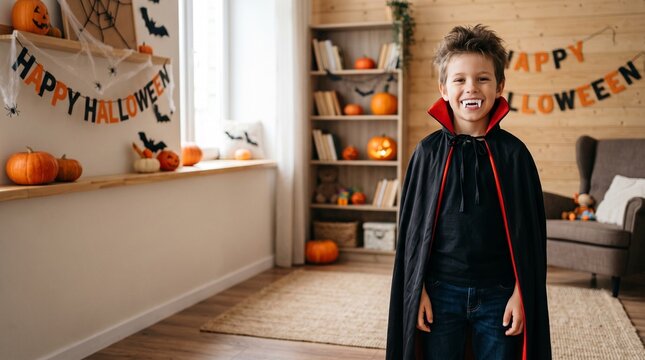 Young boy wearing a vampire cape and plastic fangs, smiling in a bright living room decorated for Halloween. Children's costume photo for costume brands and Halloween party marketing.