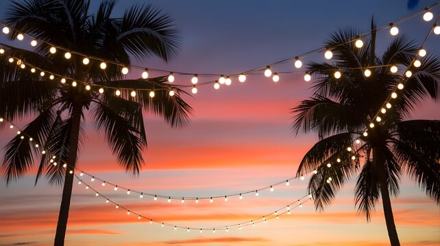 Beautiful tropical beach sunset with string lights perfect for a relaxing summer bank holiday weekend getaway