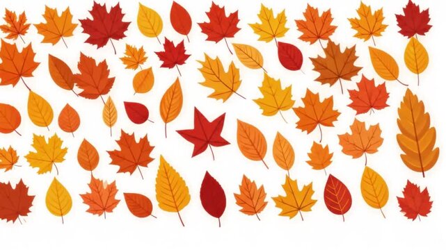 Pattern of various autumn leaves on white backdrop.