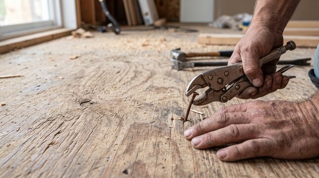 Close-up of a builder's hands removing nails from a wooden subfloor using pliers with careful motion. Renovation demolition photo for construction tool and hardware marketing.