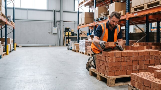Builder stacking bricks neatly inside a warehouse storage area with focused organized movement. Building material photo for construction supply companies and warehouse marketing.