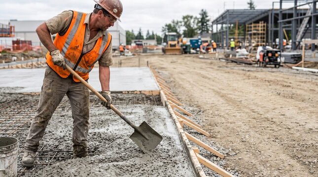 Man spreading wet concrete across a foundation area using a shovel in steady physical motion. Construction site photo for building companies and heavy material marketing.