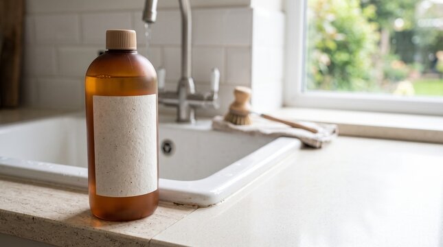 Eco-friendly detergent bottle with a plain unprinted label standing beside a kitchen sink in natural light. Sustainable household product photo for green cleaning brand marketing.
