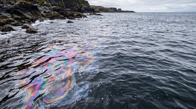Close-up of a thin oil film spreading across ocean water surface near a rocky shoreline with iridescent sheen. Environmental pollution photo for NGO and news publication marketing.