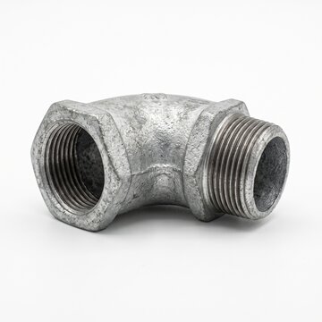Isolated studio shot of a galvanized steel pipe fitting on a pure white background. Clean product photo for plumbing suppliers and industrial hardware catalog marketing.