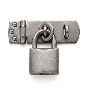 Isolated studio shot of a metal padlock with a hasp latch on a pure white background. Clean product photo for security hardware suppliers and lock manufacturer catalog marketing.