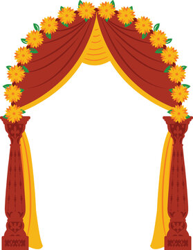 Indian Hindu wedding Decorative Floral Mandap with Curtains and Pillars Vector Illustration