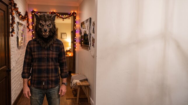 Man wearing a realistic werewolf mask in a bright entryway decorated with Halloween string lights. Costume photo for party supply brands and Halloween retail marketing.