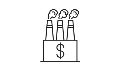 Fototapeta premium Line icon representing industrial capitalism with three factory chimneys emitting smoke shaped like dollar signs.