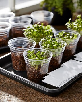 Seedling Observation Cups with Soil and Blank Cards in School Greenhouse Setup
