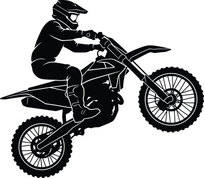 Motocross rider performing wheelie stunt on dirt bike silhouette extreme motorcycle sport active race vector illustration isolated