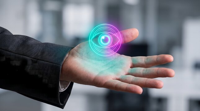 Businessman Hand Holding a Glowing Digital Eye Icon Representing Advanced Surveillance Security and Modern Artificial Intelligence Monitoring Technology