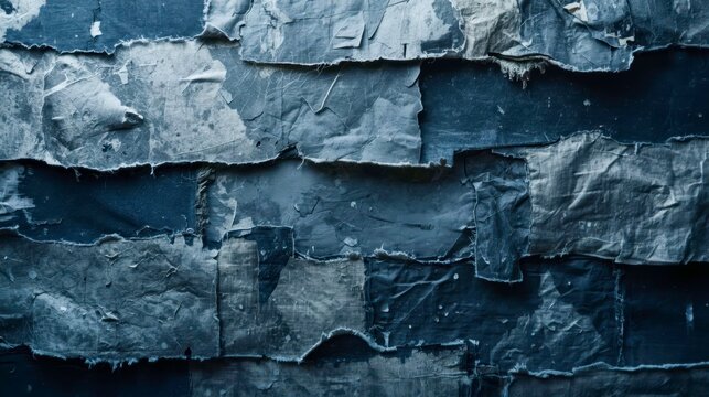 Dark denim fragments layered in rugged, textured patches