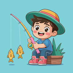 Pixel art of a happy boy fishing with two fish on the line, wearing a hat and blue shirt, light blue background
