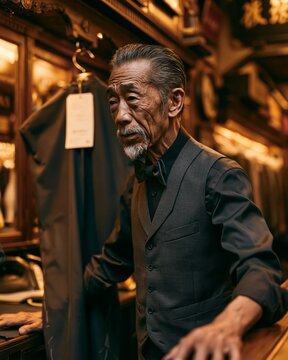 Older Male Tailor Working in Traditional Tailoring Shop