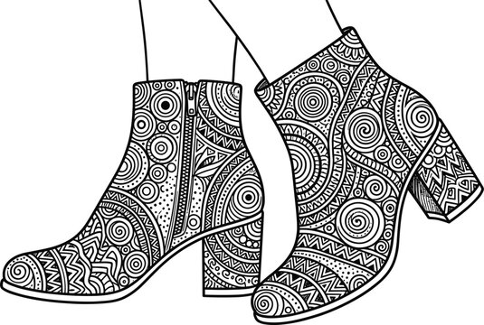 Ornate mandala pattern high heel boots vector illustration decorated with intricate tribal swirls and geometric zentangle art