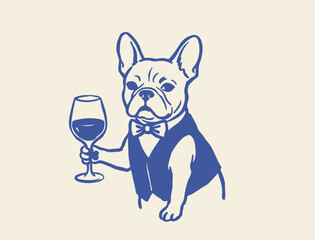 Obraz premium Vintage French Bulldog sommelier vector illustration, sophisticated dog wearing bowtie and vest holding wine glass, retro pet mascot character