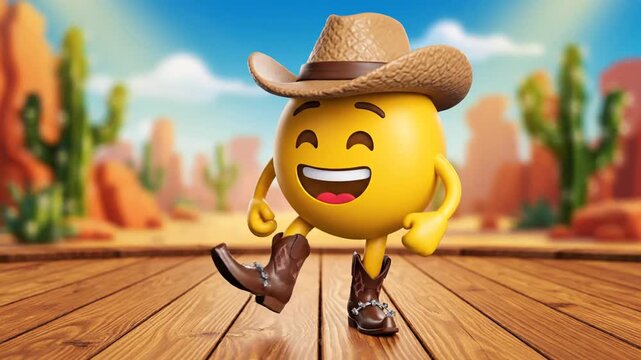 Happy cowboy emoji character in desert landscape