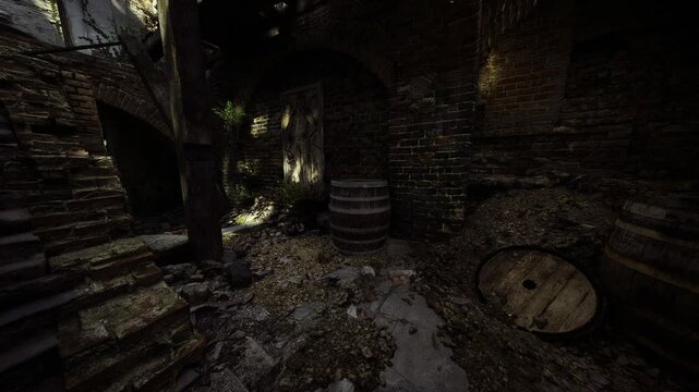 Vaulted brick cellar soaked in grime, leaning barrel, fractured stool, layered debris, crawling moss, low scattered light, historic decay vibe.