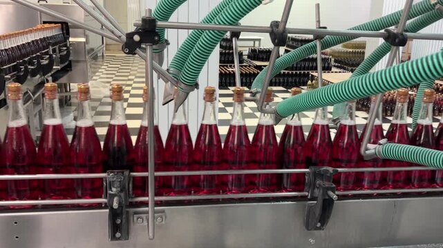 Front facing factory view shows rows of clear bottles filled with deep red beverage moving along conveyor beneath stainless steel machinery, green ribbed hoses, spray components, and orderly metal
