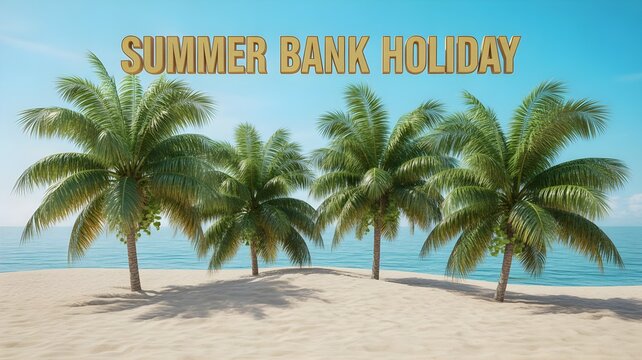 Beautiful tropical beach scene with palm trees under a clear blue sky for summer bank holiday travel