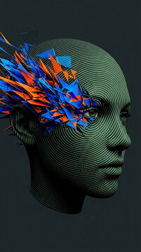 Digital art profile of a stylized face with fragmented, shattered pieces exploding from the head, symbolizing disruption, transformation, or a fractured mind