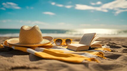 Obraz premium Relaxing beach accessories on the sand during a sunny summer bank holiday vacation by the ocean