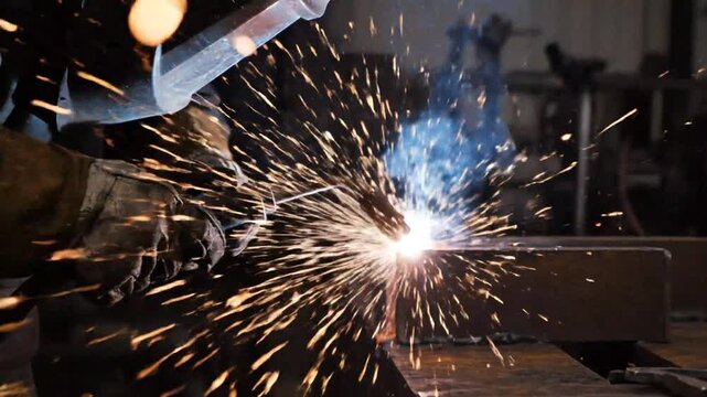 Industrial Welding Process with Bright Sparks and Metalwork.
