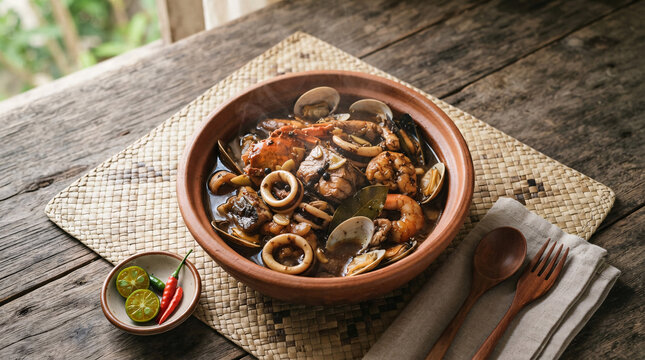 Rustic mixed seafood stew with crab, clams, squid, shrimp, fish, and aromatic spices.
