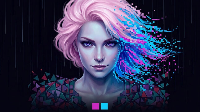 Digital portrait of a woman with pink hair dissolving into pixels, representing transformation, future, and technology