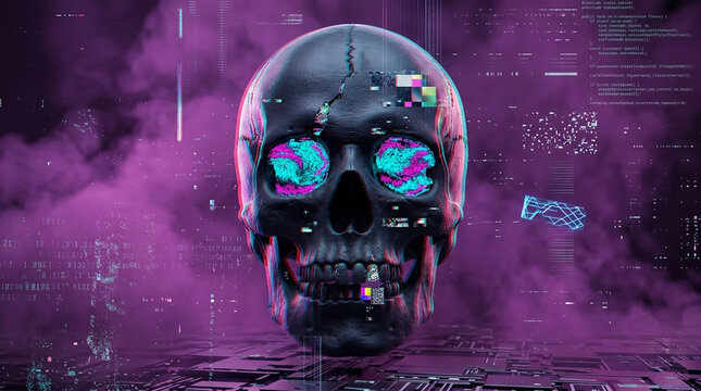 Digital skull with glitch art effect, neon eyes, and abstract code background, symbolizing data, technology, and the digital age.