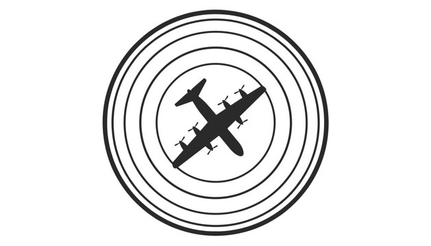 Silhouette of a four-engine propeller plane flying over multiple concentric black circles resembling a target or radar.
