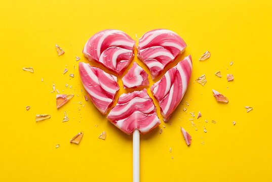 Broken heart-shaped lollipop on yellow, symbolizing heartbreak and pain, relevant to relationship loss and emotional distress.