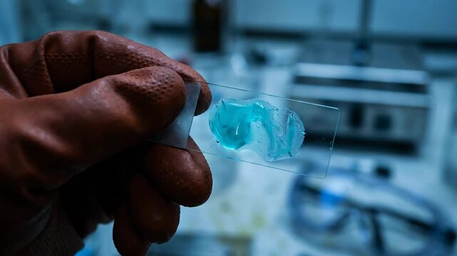 Laboratory gloved hand holding microscope slide with stain sample near medical workbench and dental mold for scientific inspection