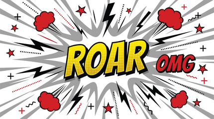 Pop art comic book background explosion illustration with roar and omg text speed lines and sound effects © MstHusna