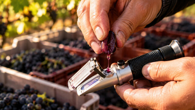 Winemaker testing grape juice with refractometer during harvest, checking sugar levels for wine quality, with blurred grape crates visible in warm autumn light